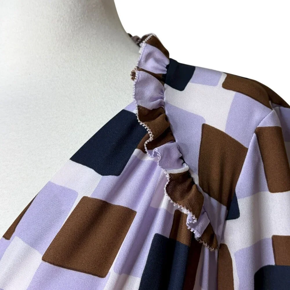 Kate Spade Dress Long Sleeve Geo Square Purple Brown Size 8